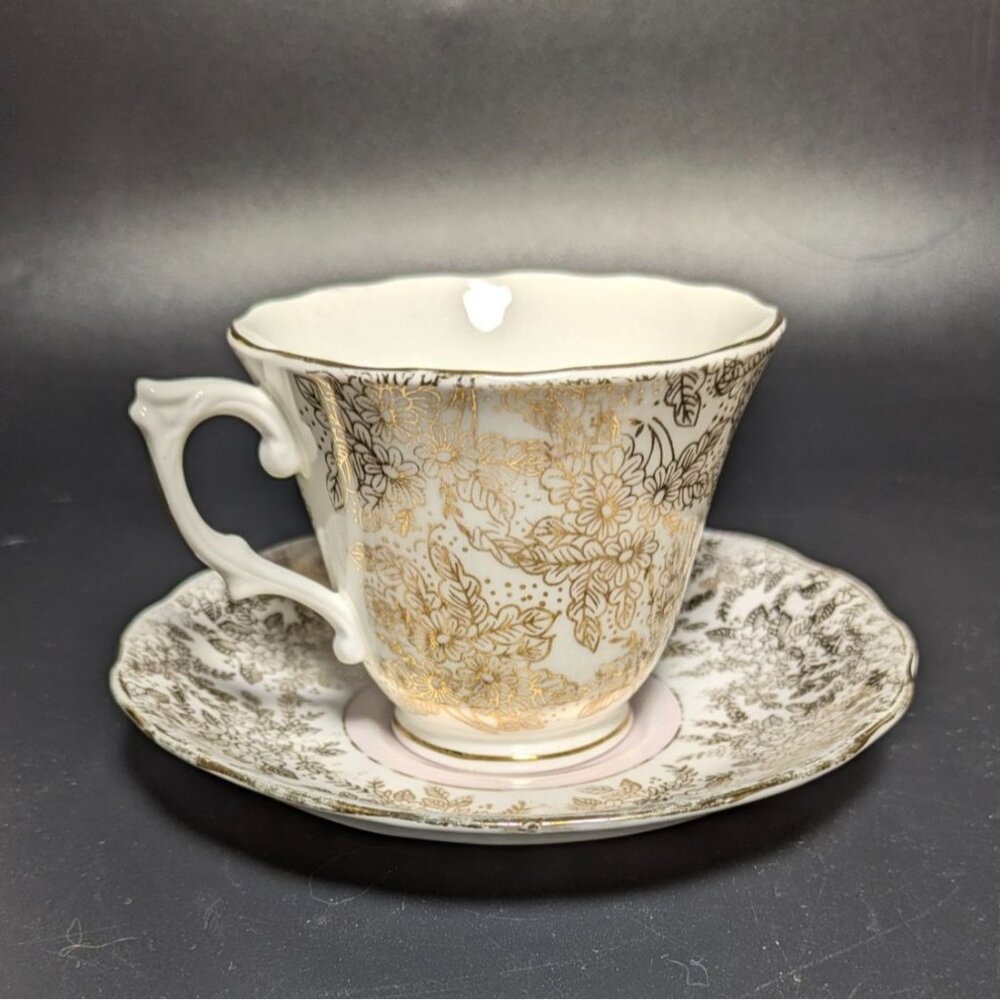 Colclough White Gold Floral Teacup Saucer Bone China Set England Vintage